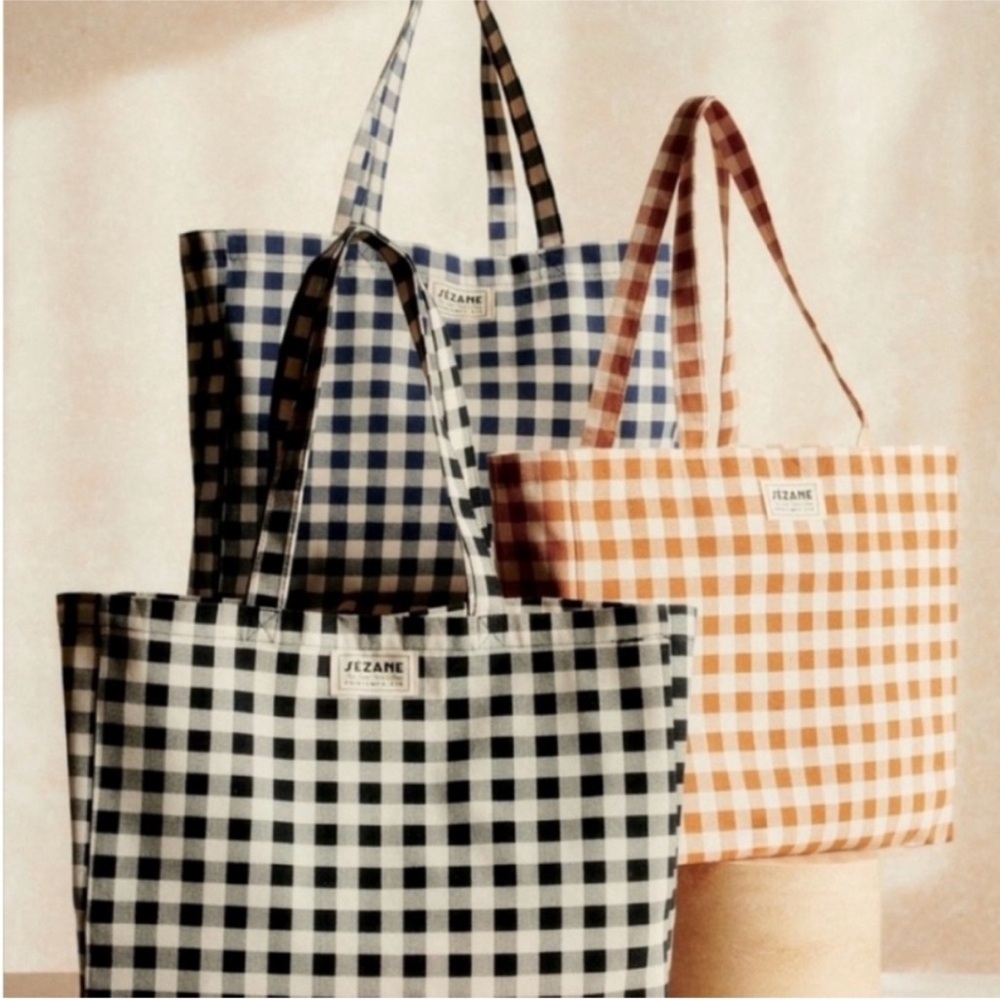 Sezane Gingham Tote Bag Navy Blue Brand New